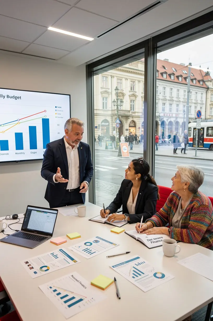 Fotografie klidné domácí kanceláře s otevřeným notebookem a finančními dokumenty.